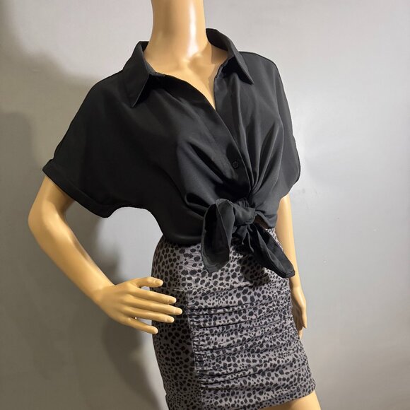 Black Tie-Front Button-Up Shirt ~ Minimalist Versatile Blouse - Picture 1 of 12